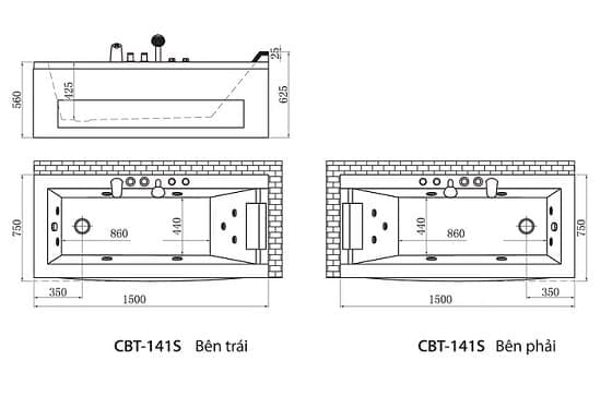 Bản vẽ kỹ thuật Bồn tắm massage nhựa 1.7m nhập khẩu Clara CBT-141