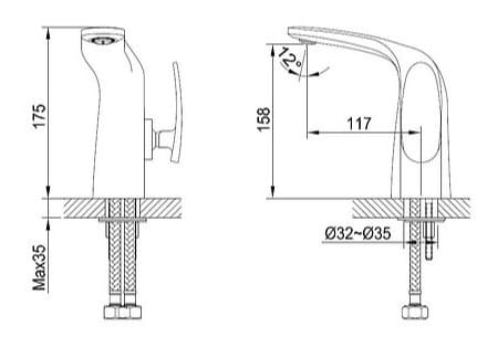Bản vẽ kỹ thuật Vòi Chậu Lavabo Nóng Lạnh Clara CF-45351B