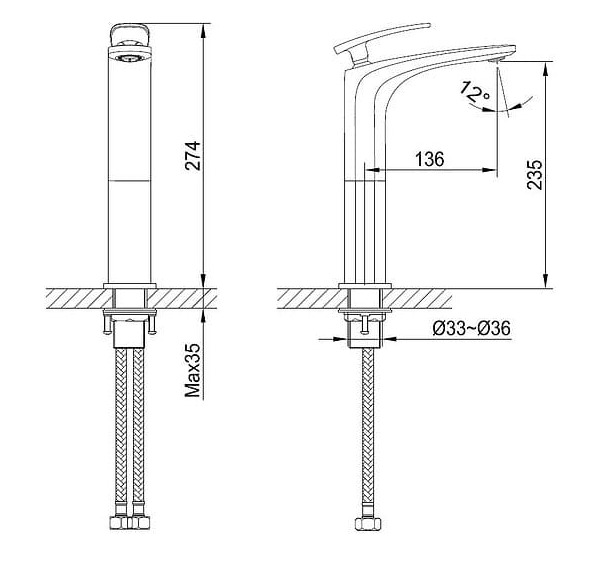 Bản vẽ kỹ thuật Vòi Chậu Lavabo Nóng Lạnh Thân Cao Clara CF-45352