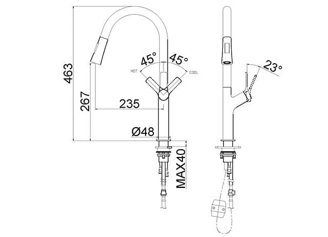 Bản vẽ kỹ thuật Vòi chậu rửa bát nóng lạnh dây rút Clara CF-74354
