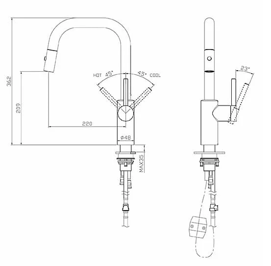 Bản vẽ kỹ thuật vòi chậu rửa bát nóng lạnh dây rút Clara CF-75354