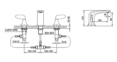Bản vẽ kỹ thuật Vòi Chậu Lavabo Nóng Lạnh 3 Lỗ Clara CF-45351C