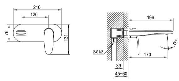 Bản vẽ kỹ thuật vòi châu nóng lạnh gắn tường Clara CF-45353
