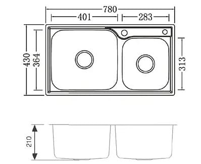 Bản vẽ kỹ thuật chậu rửa bát 2 hố inox304 Clara CSS-01 