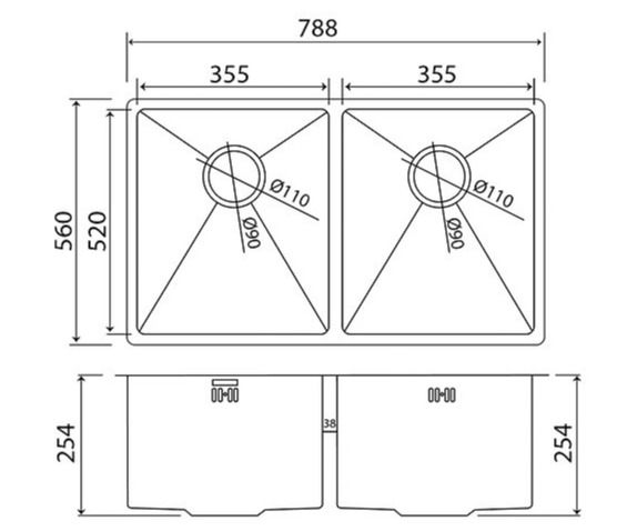 Bản vẽ kỹ thuật Chậu rửa bát 2 hố inox304 Clara CSS-11