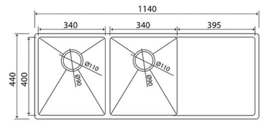 Bản vẽ kỹ thuật chậu rửa bát 2 hố inox304 Clara CSS-12