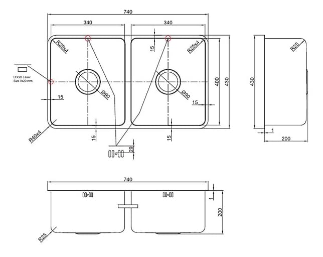 bản vẽ kỹ thuật chậu rửa bát 2 hố inox304 Clara CSS-01T