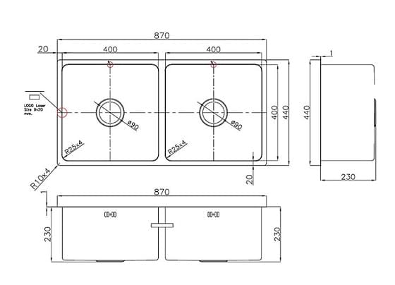 Bản vẽ kỹ thuật chậu rửa bát 2 hố inox304 Clara CSS-02T