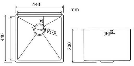 Bản vẽ kỹ thuật chậu rửa bát 1 hố inox304 Clara CSS-15