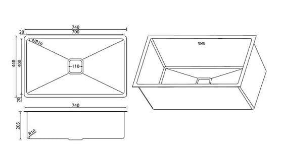 Bản vẽ kỹ thuật chậu rửa bát 1 hố inox304 Clara CSS-17