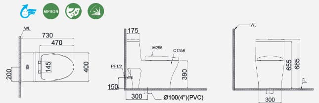 Bản vẽ kỹ thuật bồn cầu 1 khối nắp êm Caesar C1356