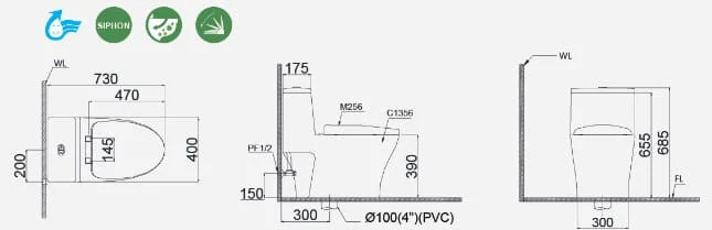Bản vẽ kỹ thuật bồn cầu 1 khối nắp êm Caesar C1356