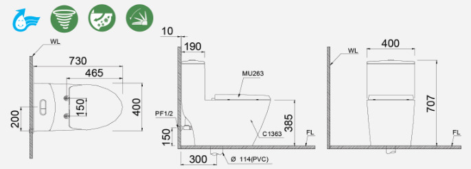 Bản vẽ kỹ thuật bồn cầu 1 khối nắp êm Caesar C1363