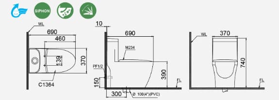 Bản vẽ kỹ thuật bồn cầu 1 khối nắp êm Caesar C1364