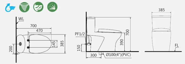 Bản vẽ kỹ thuật bồn cầu 1 khối nắp êm Caesar C1394