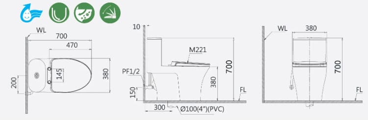 Bản vẽ kỹ thuật bồn cầu 1 khối nắp êm Caesar C1395