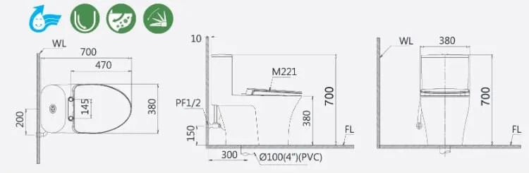 Bản vẽ kỹ thuật bồn cầu 1 khối nắp êm Caesar C1395