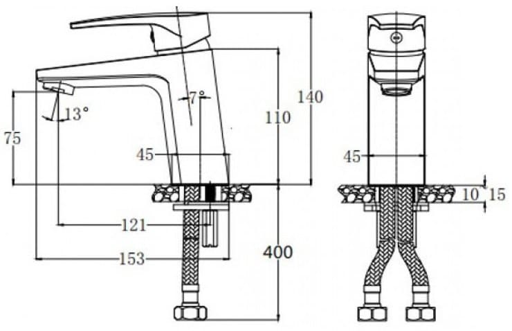 Bản vẽ kỹ thuật Vòi Lavabo Nóng Lạnh 1 Chân Màu Đỏ Caesar B390CRU