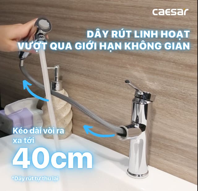 Vòi Lavabo Nóng Lạnh 1 Chân Dây  Rút Caesar B196C
