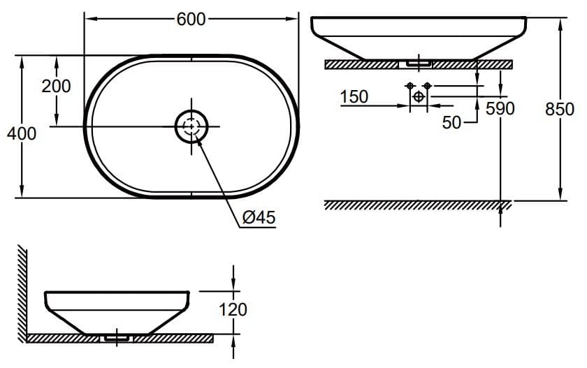 Bản vẽ kỹ thuật Chậu Rửa Lavabo Đặt Bàn Đức Grohe 3996300H