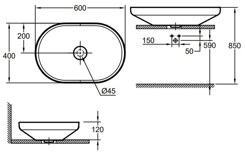 Bản vẽ kỹ thuật Chậu Rửa Lavabo Đặt Bàn Đức Grohe 3996300H
