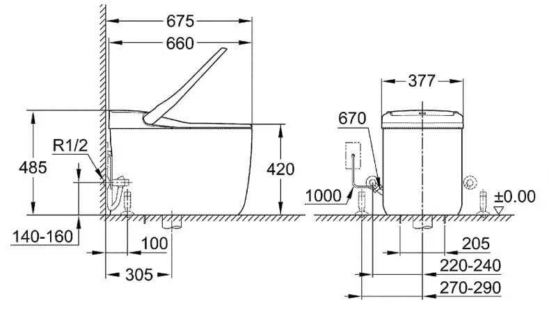 Bản vẽ kỹ thuật Bồn Cầu Điện Tử Đặt Sàn Đức Grohe 36492SH0 