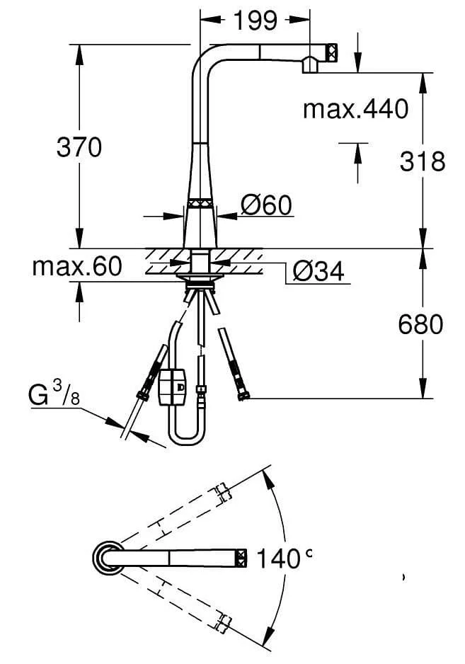 Bản vẽ kỹ thuật Vòi rửa bát dây rút GROHE 39593002