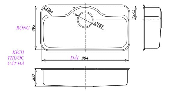 Bản vẽ kỹ thuật Chậu Rửa Bát 1 Hố Nhập Khẩu Nhật Bản Shigeru FCJ-K FS NE