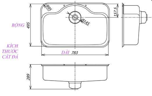 Bản vẽ kỹ thuật Chậu Rửa Bát 1 Hố Nhập Khẩu Nhật Bản Shigeru FCM-DK FS