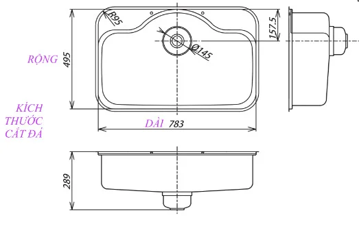 Bản vẽ kỹ thuật Chậu Rửa Bát 1 Hố Nhập Khẩu Nhật Bản Shigeru FCM-DK FS