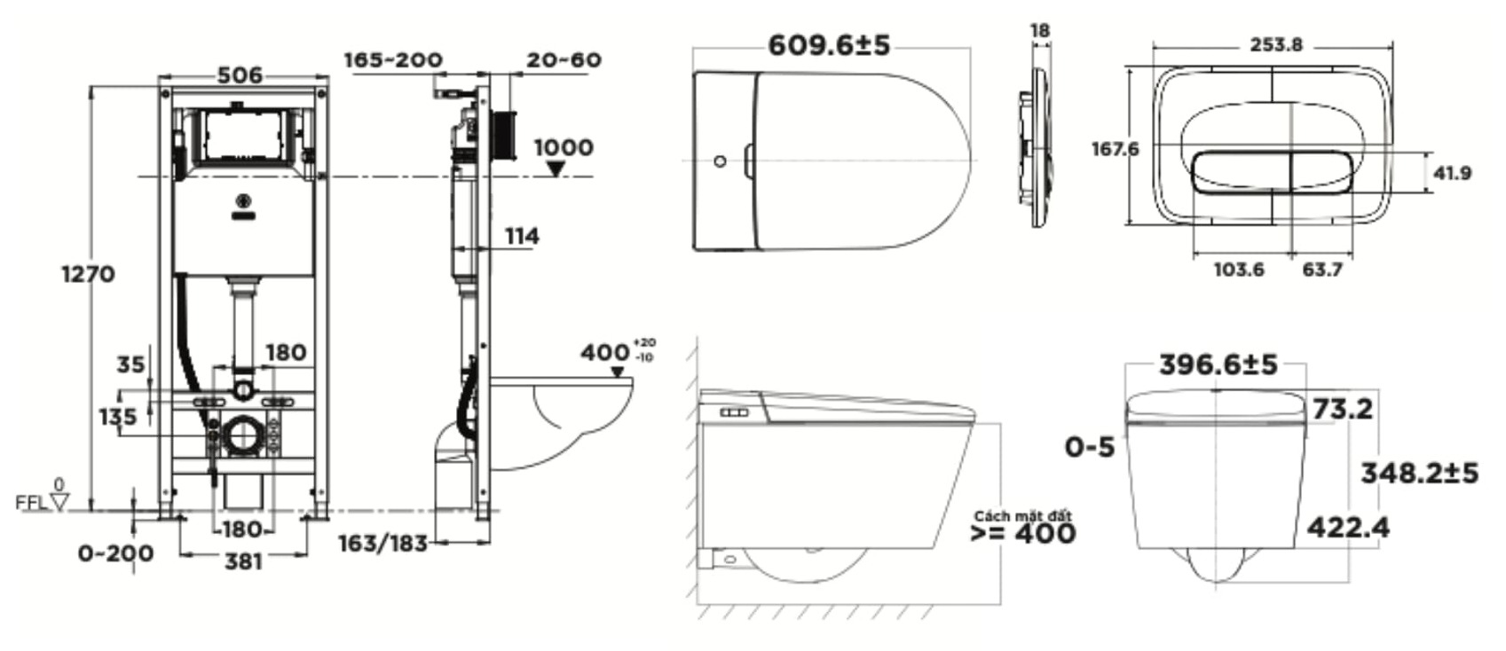 Bản vẽ kỹ thuật Bồn cầu treo tường điện tử American Standard 103032BL00 + 103026SH00