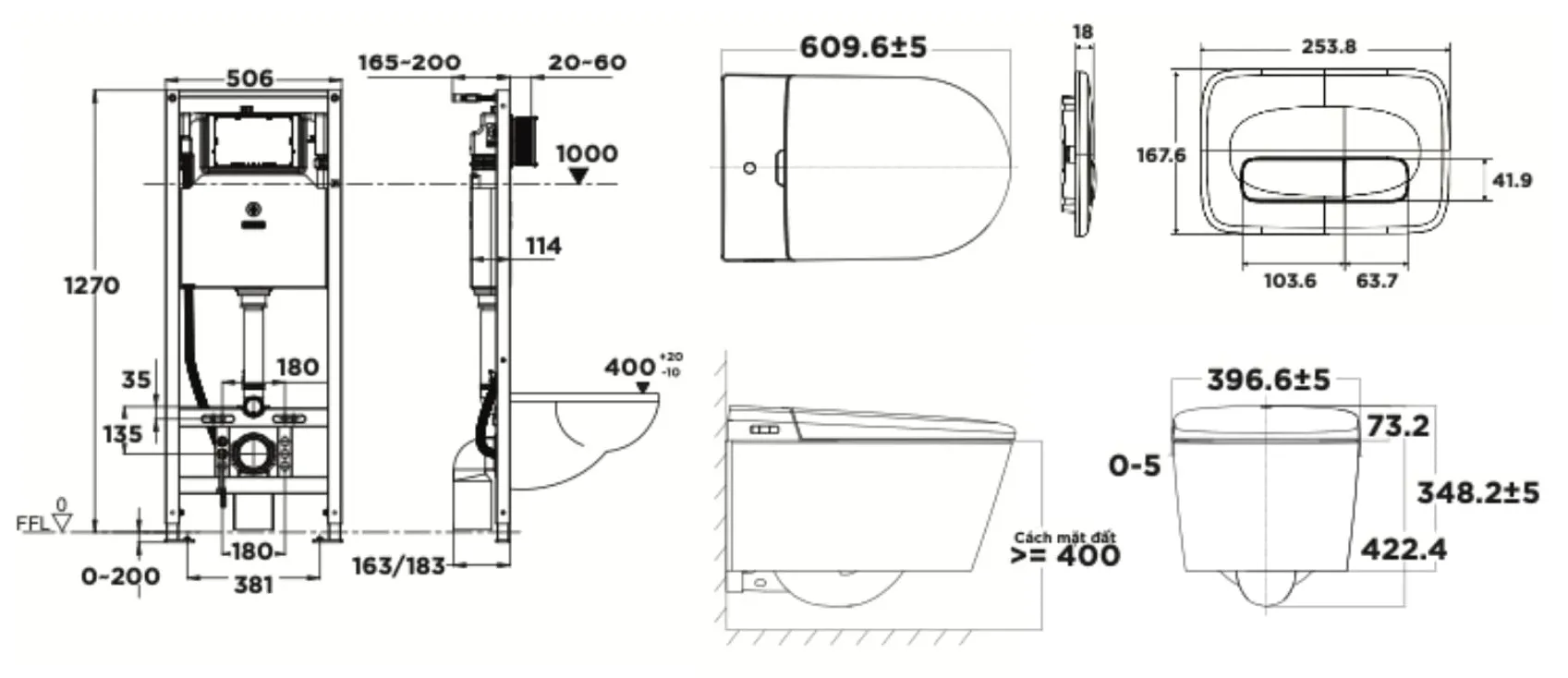 Bản vẽ kỹ thuật Bồn cầu treo tường điện tử American Standard 103032BL00 + 103026SH00