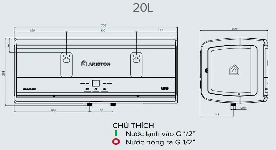 Máy Nước Nóng 30 Lít Ariston Slim 3 Lux 20L Gián Tiếp Ngang 