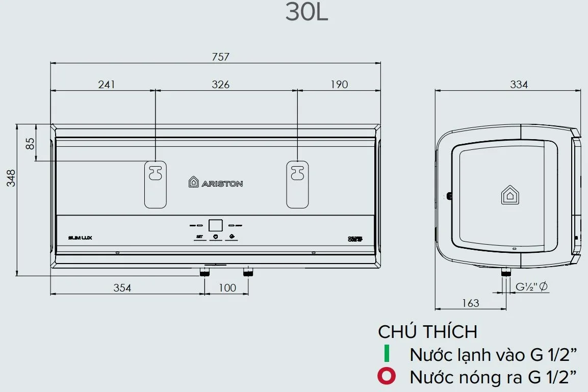 Bản vẽ kỹ thuật Máy Nước Nóng 30 Lít Ariston Slim 3 Lux 30L Gián Tiếp Ngang