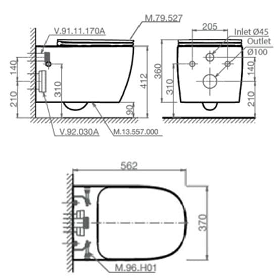Bản vẽ kỹ thuật Bồn cầu treo tường Viglacera M.13.557