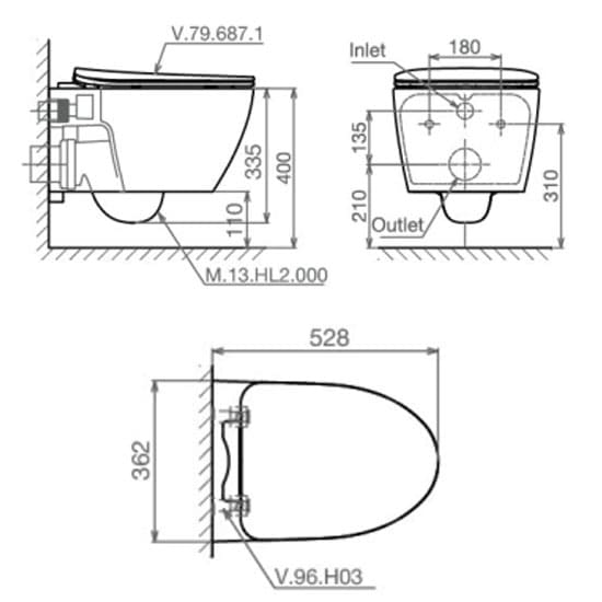 Bản vẽ kỹ thuật Bồn cầu treo tường Viglacera V.13.HL2