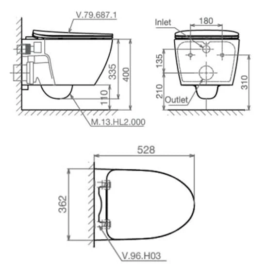 Bản vẽ kỹ thuật Bồn cầu treo tường Viglacera V.13.HL2