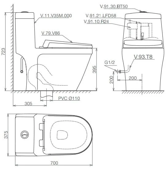Bản vẽ kỹ thuật Bồn cầu 1 khối Viglacera V35M