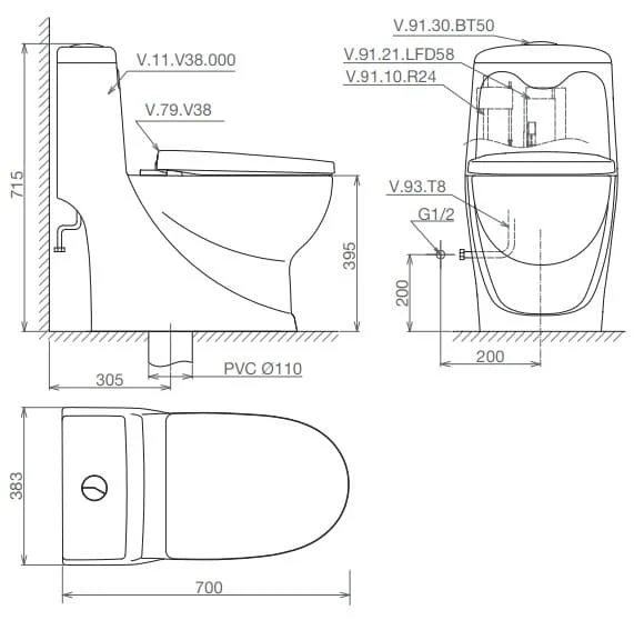 Bản vẽ kỹ thuật Bồn cầu 1 khối Viglacera V38M