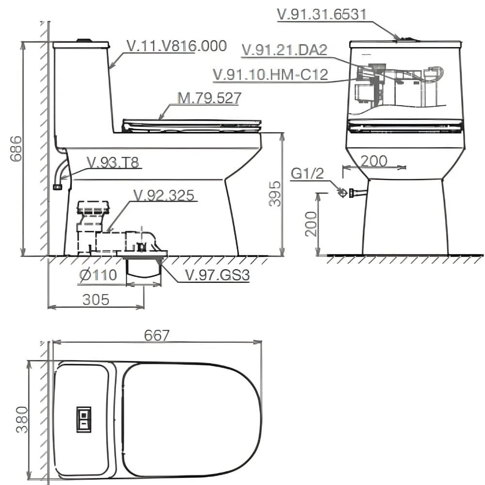 Bản vẽ kỹ thuật Bồn cầu 1 khối Viglacera V816