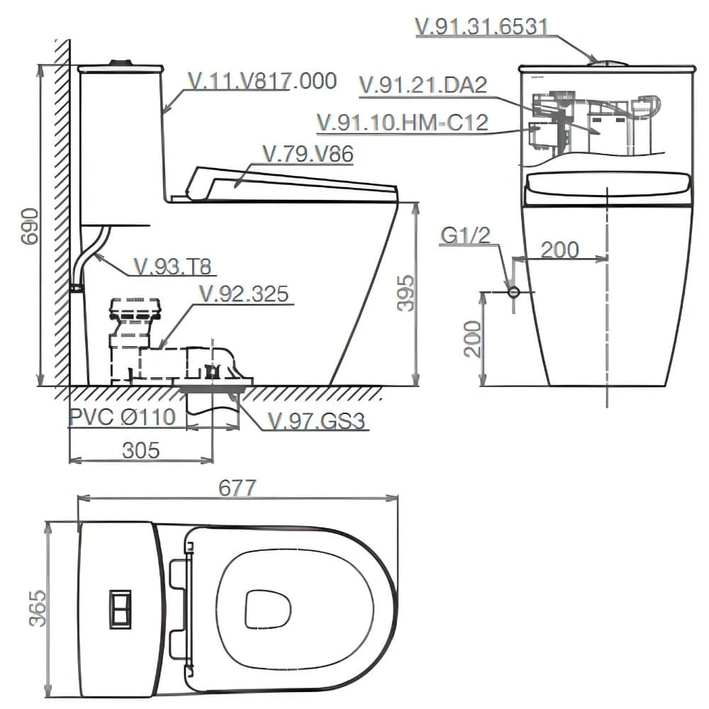 Bản vẽ kỹ thuật Bồn cầu 1 khối nắp êm Viglacera V817