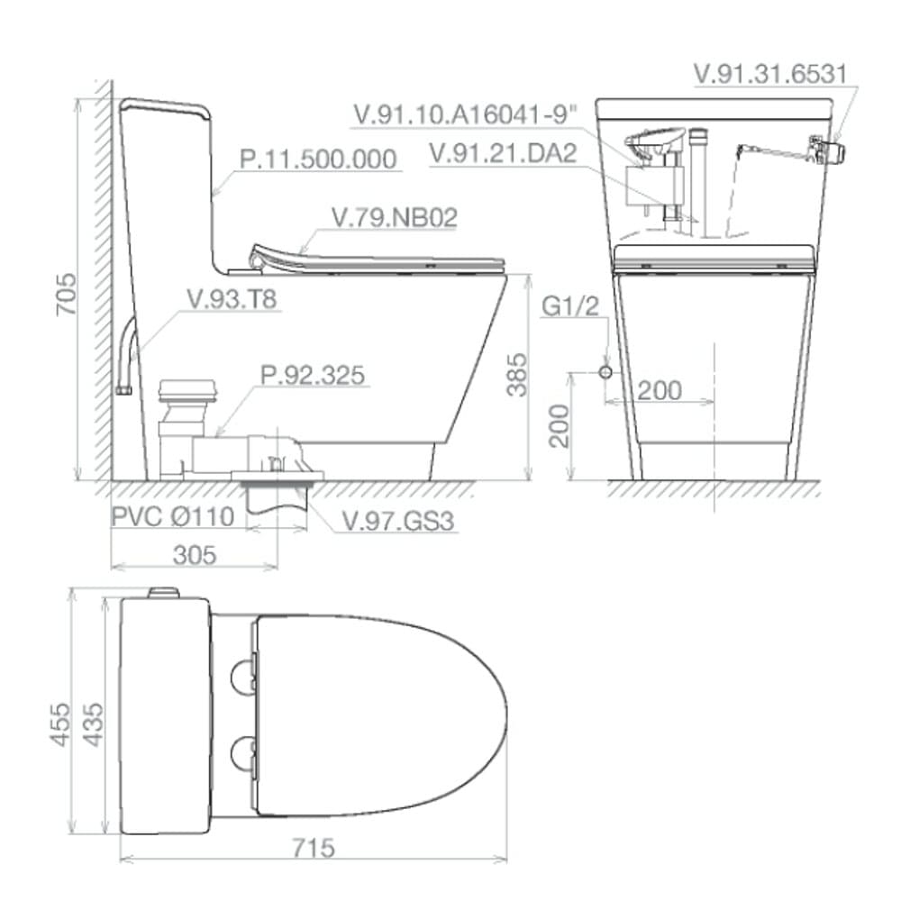 Bản vẽ kỹ thuật Bồn cầu 1 khối nắp rơi êm Platinum P.11.500