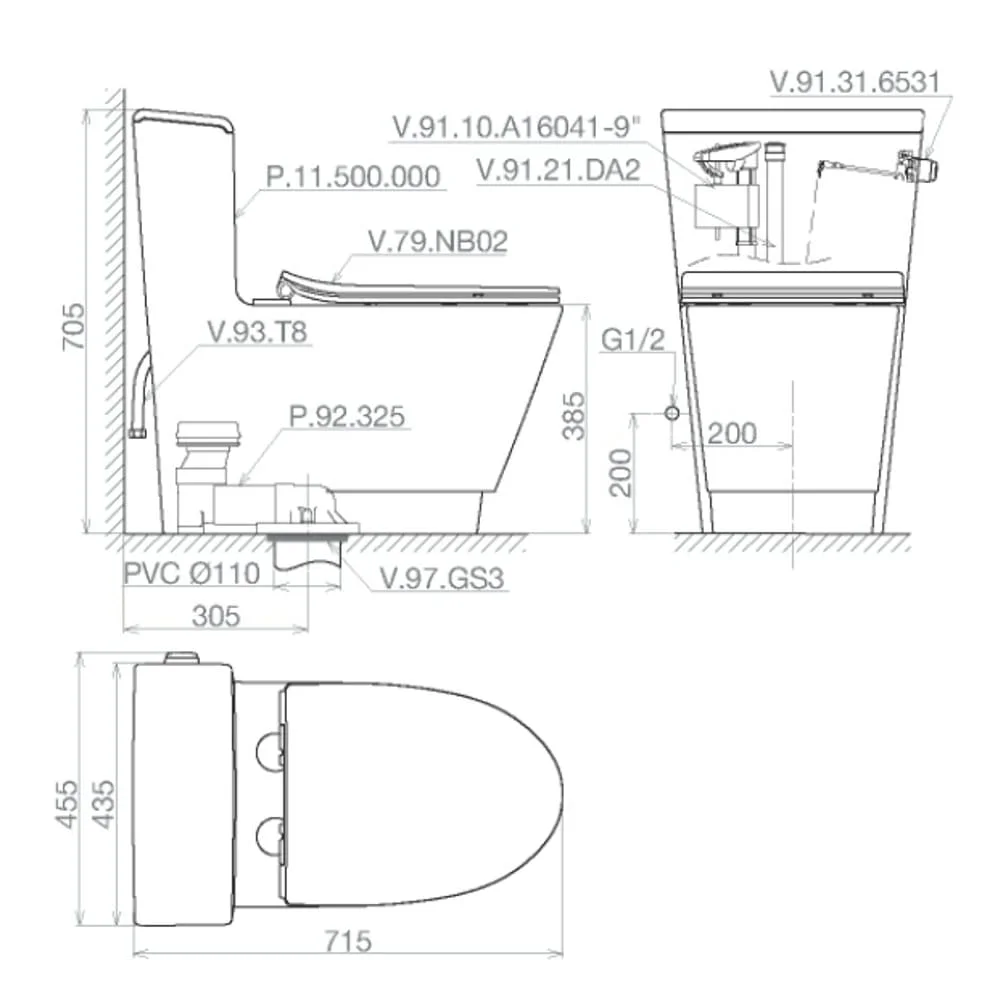 Bản vẽ kỹ thuật Bồn cầu 1 khối nắp rơi êm Platinum P.11.500