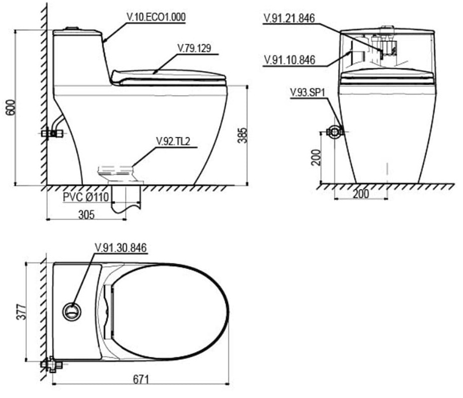 Bản vẽ kỹ thuật bồn cầu 1 khối nắp rơi êm Viglacera Eco 1