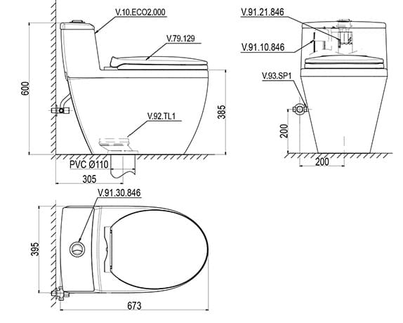Bồn cầu 1 khối nắp rơi êm Viglacera Eco 2