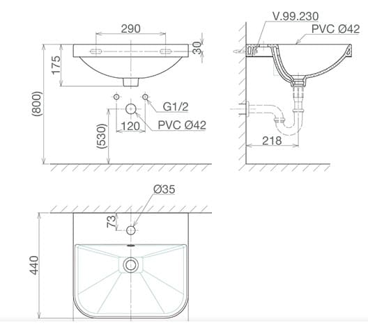 Bản vẽ kỹ thuật Chậu rửa mặt treo tường Viglacera V.26.560