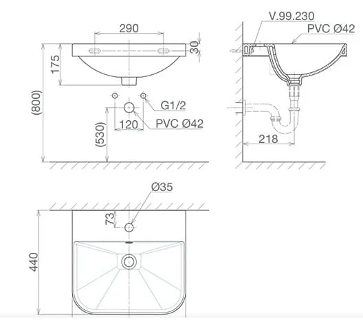 Bản vẽ kỹ thuật Chậu rửa mặt treo tường Viglacera V.26.560
