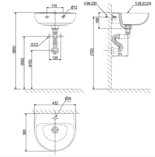 Bản vẽ kỹ thuật Chậu rửa mặt treo tường Viglacera V.26.Eco5