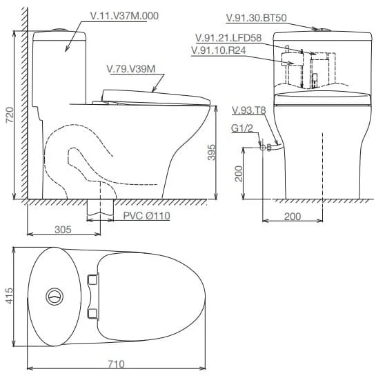 Bản vẽ kỹ thuật Bồn cầu 1 khối Viglacera V37S