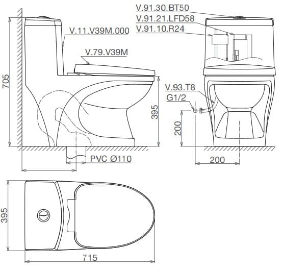 Bản vẽ kỹ thuật Bồn cầu 1 khối Viglacera V39M